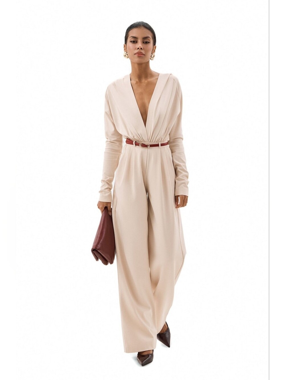 AnnaFoxy Deep V-Neck Cream Long-Sleeve Wide-Leg Jumpsuit Size L